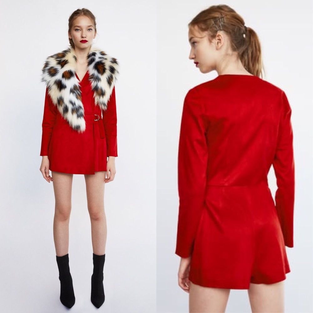 ZARA Red Faux Vegan Suede Metal Jumpsuit Dress
